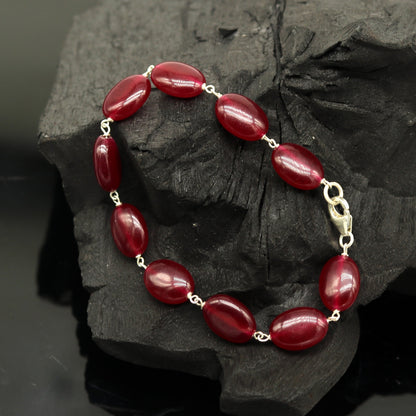 925 sterling silver handmade long bracelet with oval-shaped red jade gemstone, unisex design, tribal ornaments jewelry.