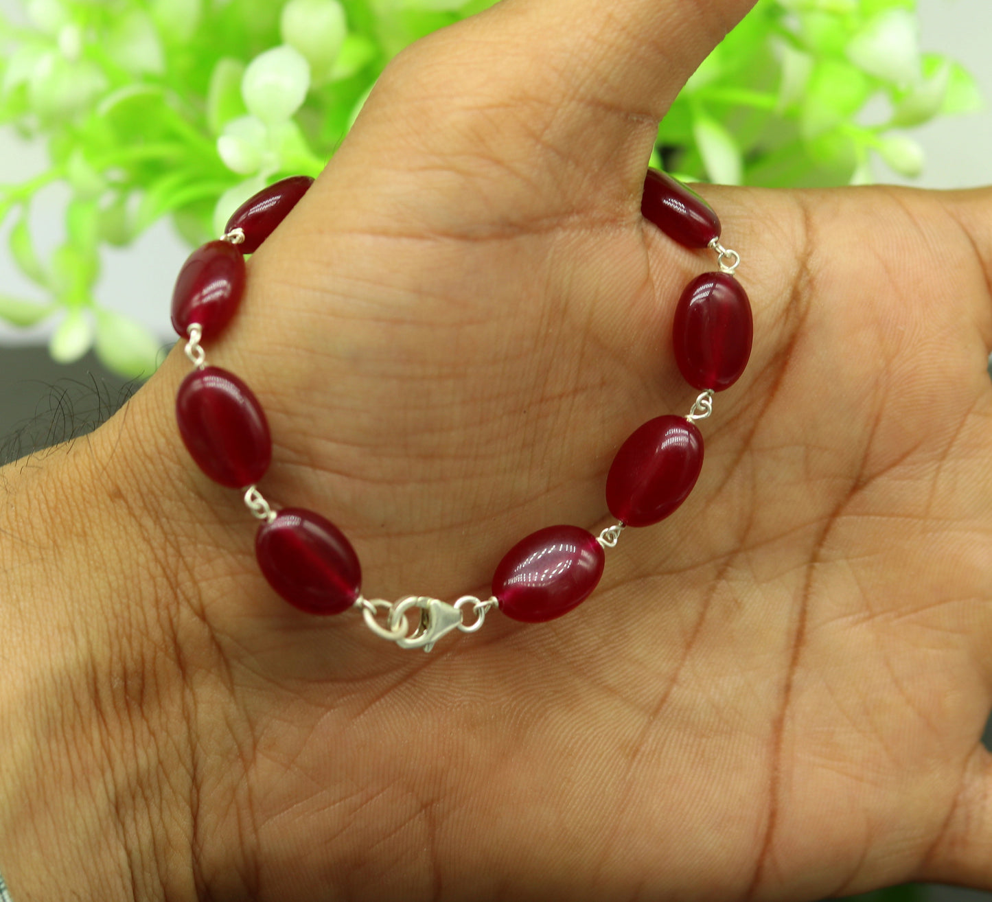 925 sterling silver handmade 7.5inches long bracelet, excellent oval shape jade red color gemstone unisex bracelet gifting jewelry nsbr186 - TRIBAL ORNAMENTS