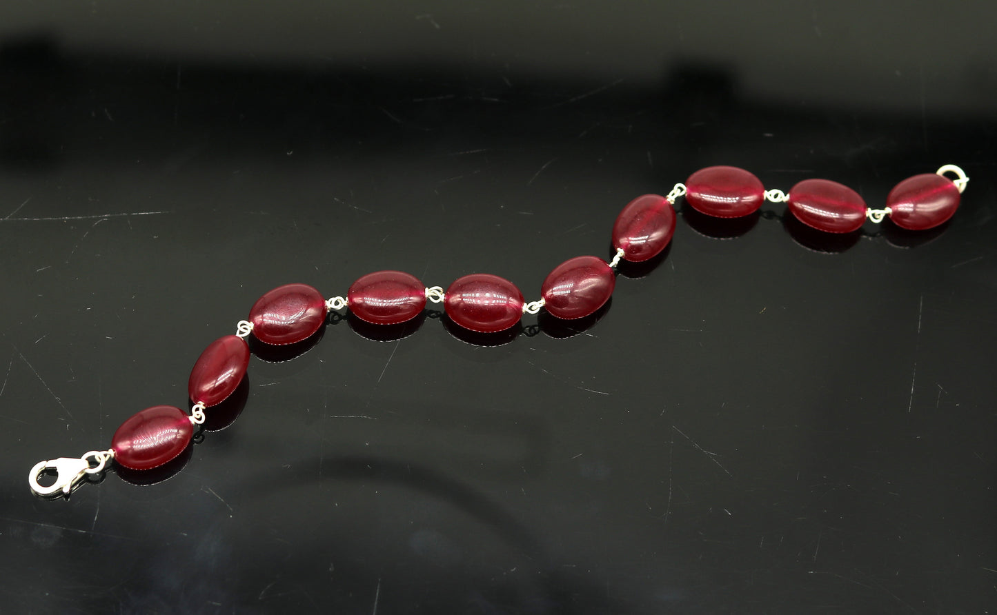 925 sterling silver handmade 7.5inches long bracelet, excellent oval shape jade red color gemstone unisex bracelet gifting jewelry nsbr186 - TRIBAL ORNAMENTS