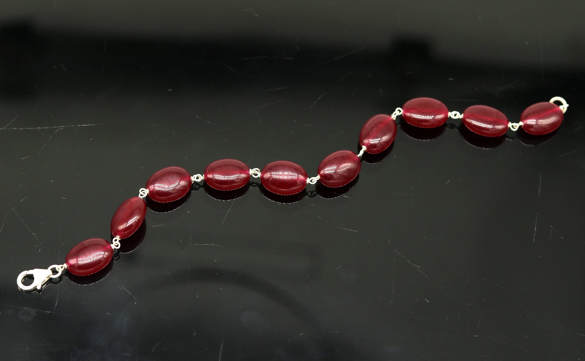 925 sterling silver handmade 7.5inches long bracelet, excellent oval shape jade red color gemstone unisex bracelet gifting jewelry nsbr186 - TRIBAL ORNAMENTS