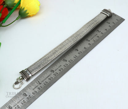 925 Sterling silver snake chain wrist belt bracelet by TRIBAL ORNAMENTS, oxidized men's jewelry with stylish handmade design.