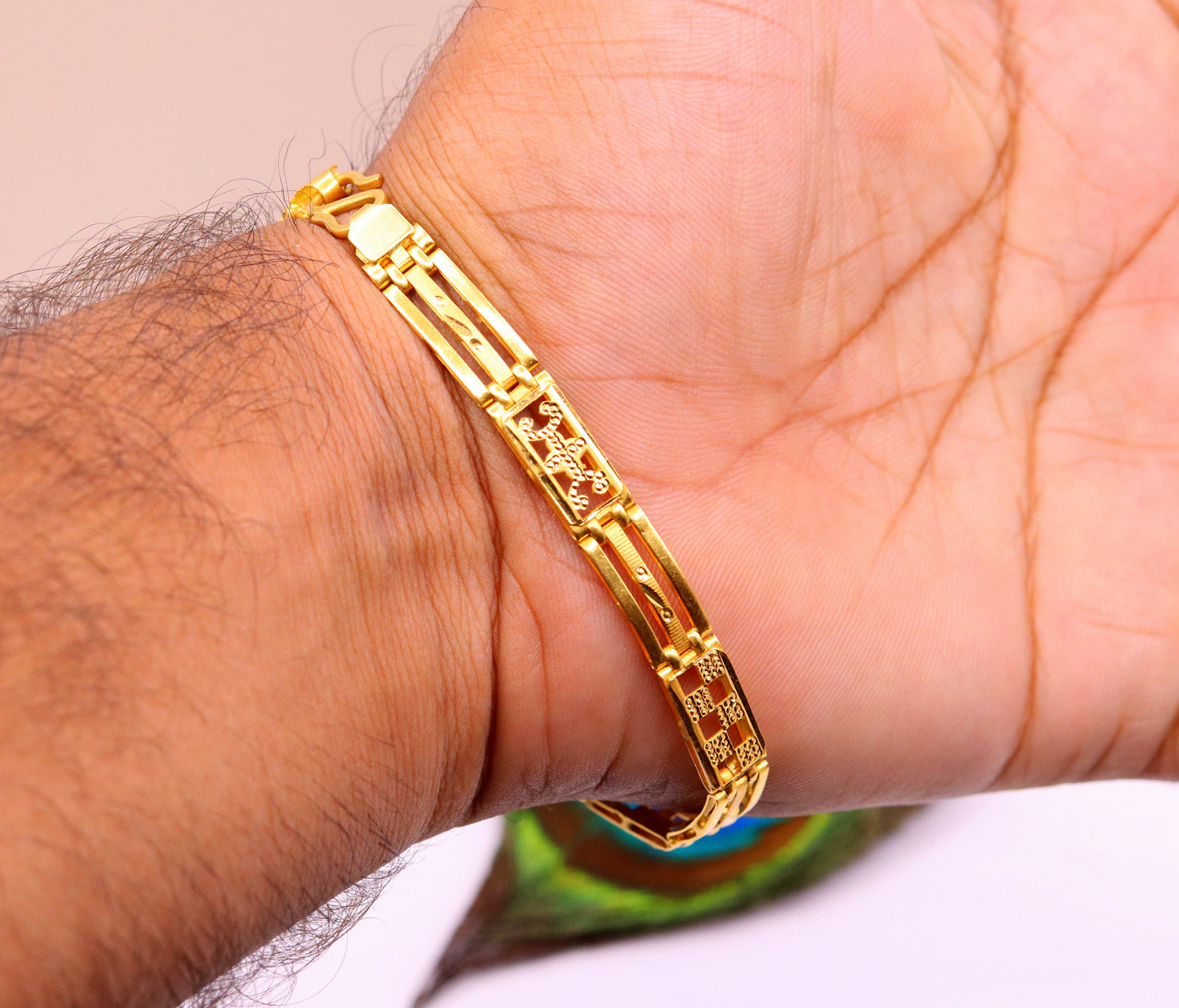 Authentic 22KT yellow gold handmade flexible unisex bracelet with solid design, hallmarked 916, Rajasthan India jewelry by TRIBAL ORNAMENTS.