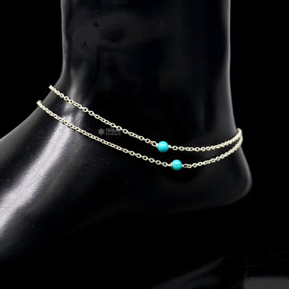 Sterling silver anklet bracelet with 1.5mm chain and single turquoise stone, lightweight and delicate silver jewelry from Tribal Ornaments
