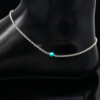 Sterling silver 8-12 inch anklet bracelet with a single turquoise stone, lightweight and delicate silver jewelry by Tribal Ornaments.