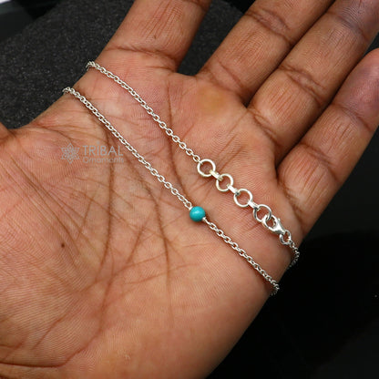 Sterling silver anklet with 1.5mm chain, 8-12 inch length, featuring a single turquoise stone, lightweight and delicate jewelry.