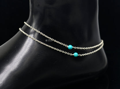 Delicate 8-12 inch sterling silver anklet bracelet with single turquoise stone from Tribal Ornaments, lightweight silver jewelry.
