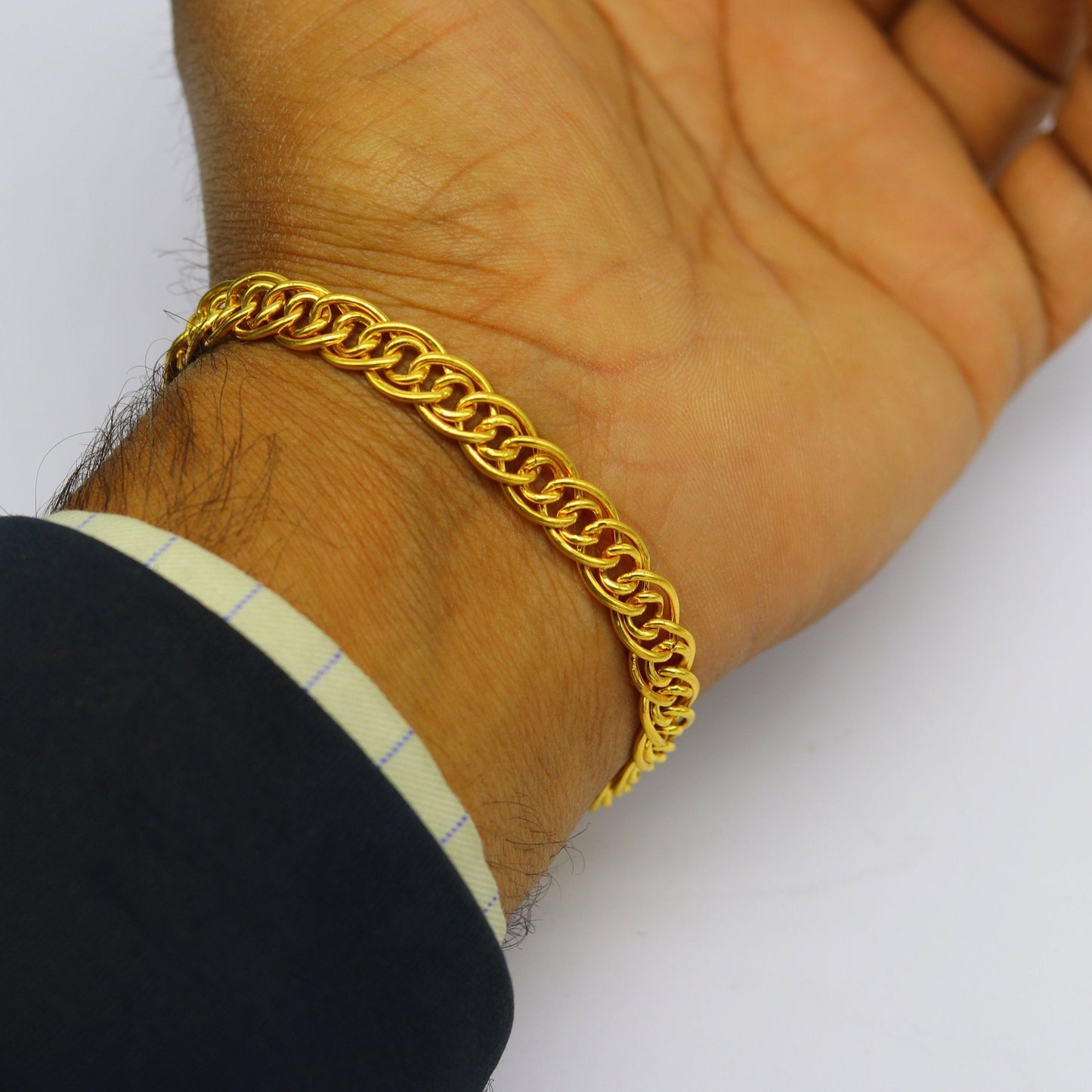 Exclusive 22kt yellow gold custom stylish double link chain design flexible bracelet, best gift unisex personalized gold fancy jewelry br45 - TRIBAL ORNAMENTS