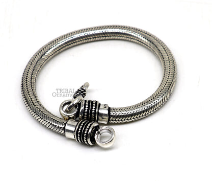 Sterling silver handmade snake chain bracelet with flexible design, unisex jewelry, elegant custom wrist belt, tribal ornaments.