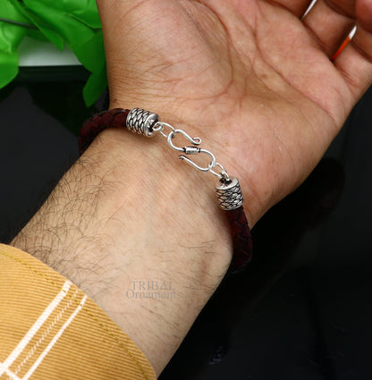 Sterling silver Lord Shiva Rudraksha bracelet with trident design and leather strap, handcrafted by TRIBAL ORNAMENTS.