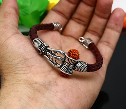Sterling silver Lord Shiva Rudraksha bracelet with trident design and leather strap, crafted by Tribal Ornaments, ideal gift for him.