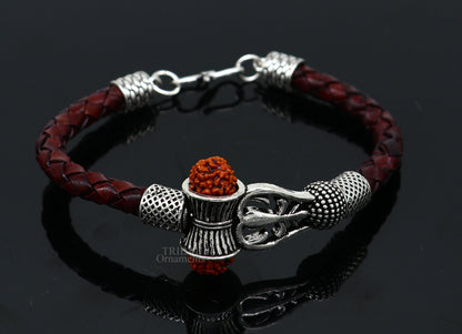 Sterling silver Lord Shiva Rudraksha bracelet with trident design and leather strap, handcrafted tribal ornament jewelry for him