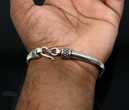 Sterling silver 8.5-inch handmade snake chain bracelet with D-shape design, 6mm width, crafted by TRIBAL ORNAMENTS.