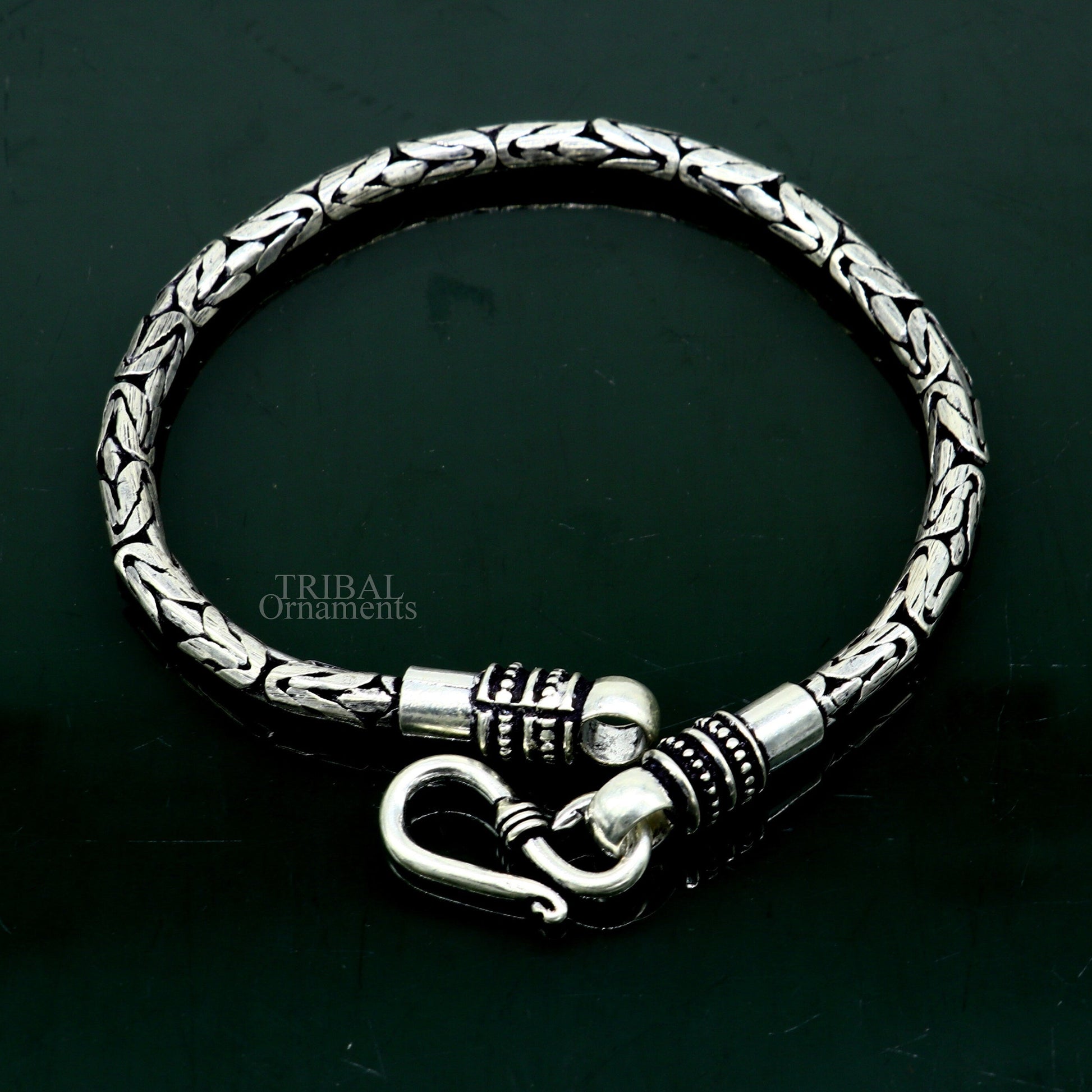 Unisex 925 sterling silver tribal-style bracelet with 4mm vintage beads, handmade and stylish jewelry for men and women.