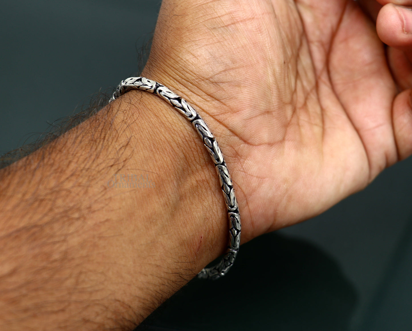 Unisex 925 sterling silver tribal bracelet with 4mm vintage-style beads, handmade stylish jewelry for men and women.