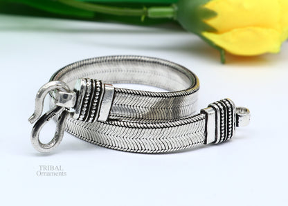Handmade 925 sterling silver wheat chain bracelet belt by TRIBAL ORNAMENTS, featuring a flexible unisex jewelry design from Rajasthan India.