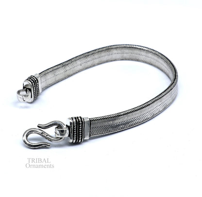 Vintage-style 925 sterling silver wheat chain bracelet belt by TRIBAL ORNAMENTS, flexible unisex jewelry from Rajasthan India.