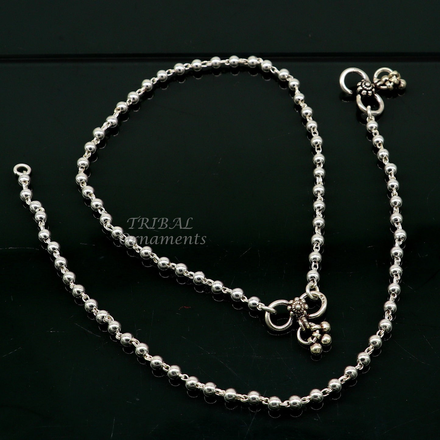 4mm 9"to 12" 925 sterling silver beaded/ball chain anklet bracelet amazing light weight delicate anklets belly dance silver jewelry ank538 - TRIBAL ORNAMENTS