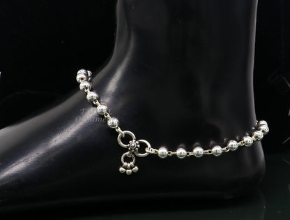 6mm sterling silver beaded anklet bracelet by TRIBAL ORNAMENTS, lightweight delicate silver jewelry with ball chain design.