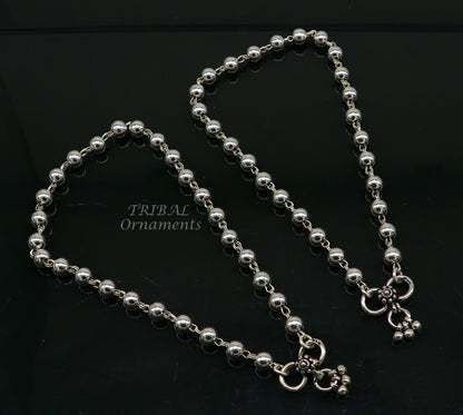 Lightweight 6mm sterling silver beaded ball chain anklet bracelet by TRIBAL ORNAMENTS, delicate silver jewelry for ankles.