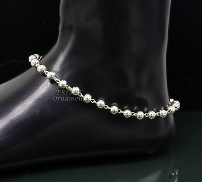 6mm sterling silver beaded ball chain anklet bracelet by TRIBAL ORNAMENTS, lightweight and delicate silver jewelry for ankle adornment.