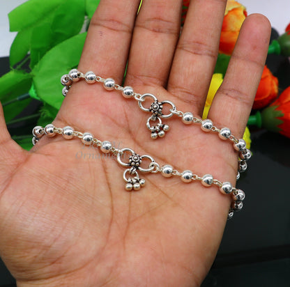 6mm 925 sterling silver beaded chain anklet bracelet by TRIBAL ORNAMENTS, lightweight and delicate silver jewelry for ankle adornment.