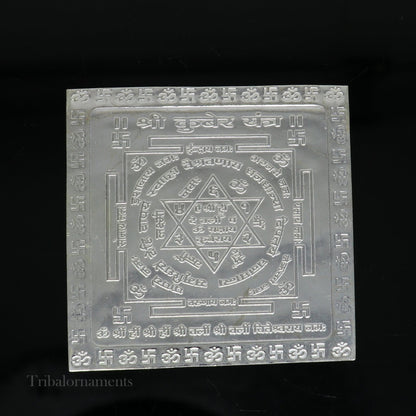925 sterling silver Shri Kuber Yantram idol for home temple puja, intricate silver god yantra for spiritual rituals.