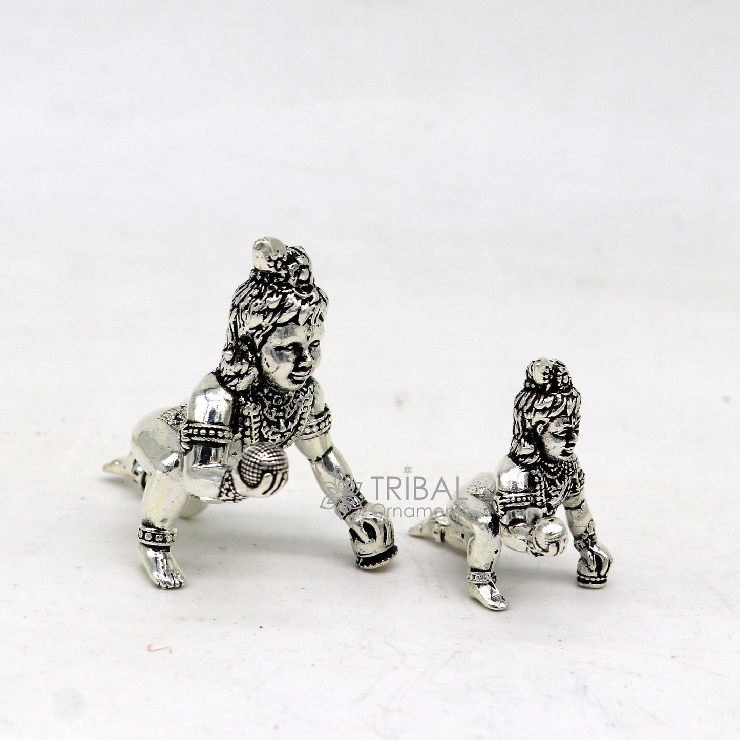 925 Solid Sterling silver handmade Divine idol crawling Krishna, Laddu Gopala, baby Krishna small statue figurine temple puja article art633 - TRIBAL ORNAMENTS