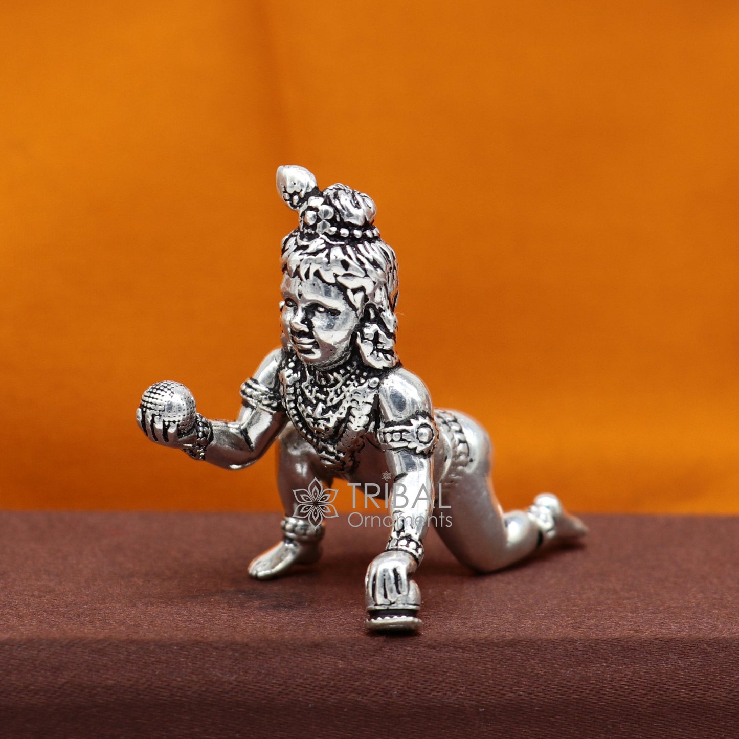 925 Solid Sterling silver handmade Divine idol crawling Krishna, Laddu Gopala, baby Krishna small statue figurine temple puja article art633 - TRIBAL ORNAMENTS