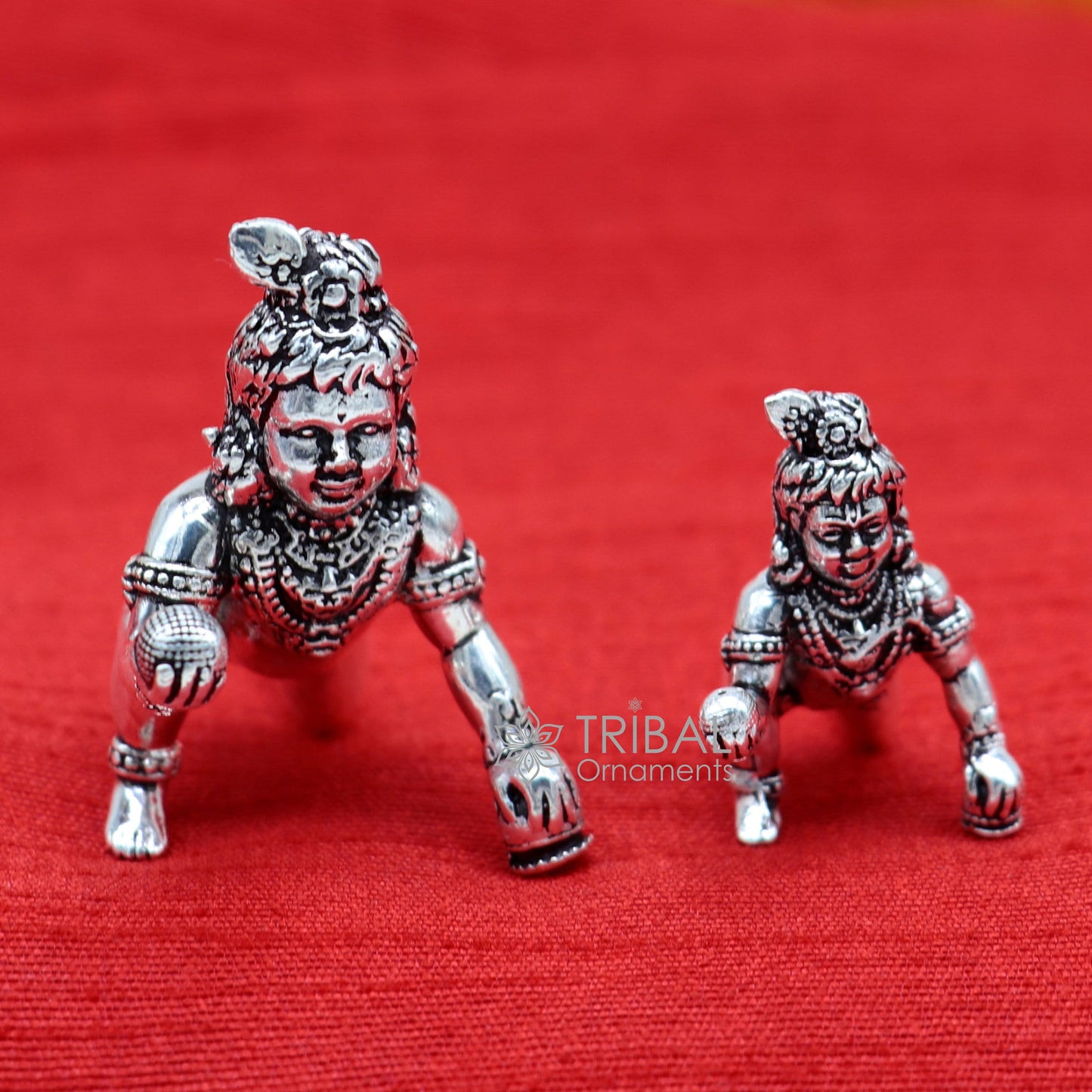 925 Solid Sterling silver handmade Divine idol crawling Krishna, Laddu Gopala, baby Krishna small statue figurine temple puja article art633 - TRIBAL ORNAMENTS