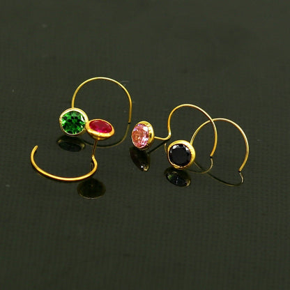 18kt yellow gold handmade nose pin with colorful 4mm CZ stone and U band, small nose plug, crafted by TRIBAL ORNAMENTS.
