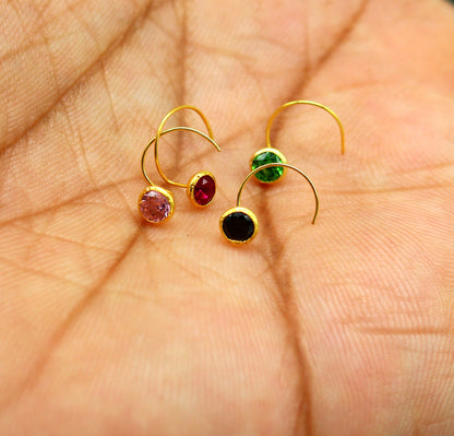 18kt yellow gold handmade nose pin with CZ stone, U band design, 4mm colorful stone, tiny nose plug by Tribal Ornaments