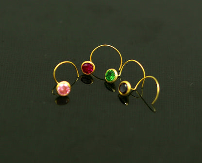 18kt yellow gold handmade nose pin with colorful CZ stone, U band, 4mm size, small nose plug, crafted by Tribal Ornaments.