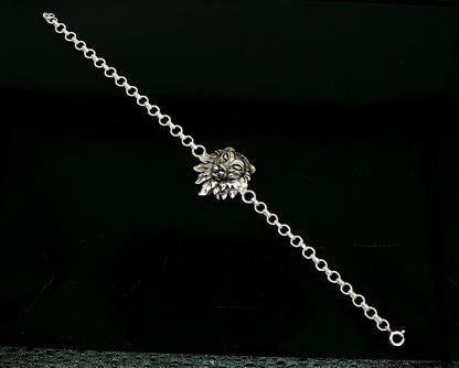 Sterling silver Narsimha lion face bracelet by TRIBAL ORNAMENTS, handcrafted design, available in all sizes, 7-inch length.