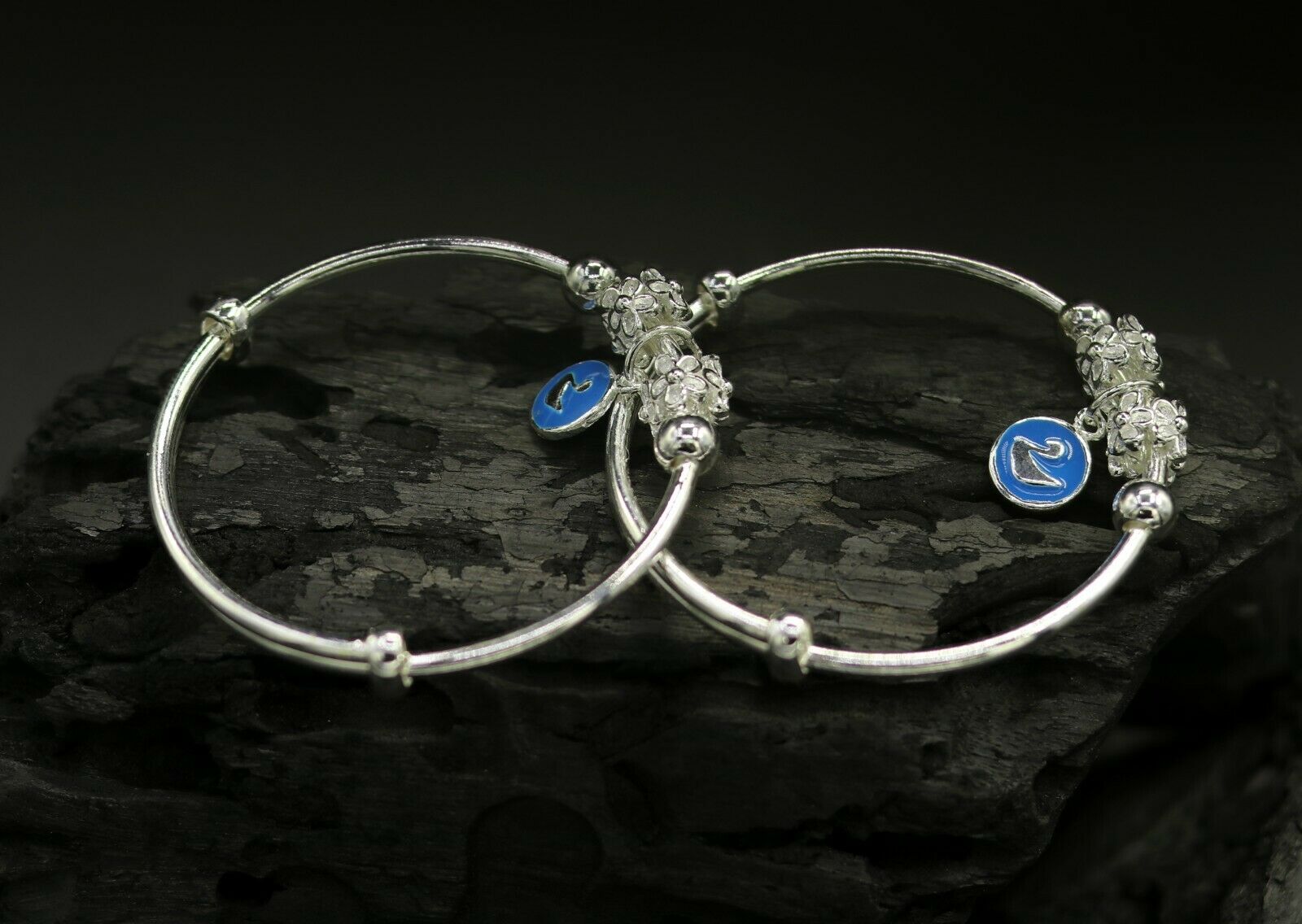 925 sterling silver adjustable charm bangle bracelet kada unisex kids baby bbk14 - TRIBAL ORNAMENTS