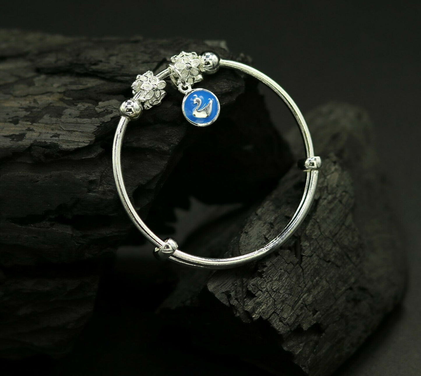 925 sterling silver adjustable charm bangle bracelet kada unisex kids baby bbk14 - TRIBAL ORNAMENTS