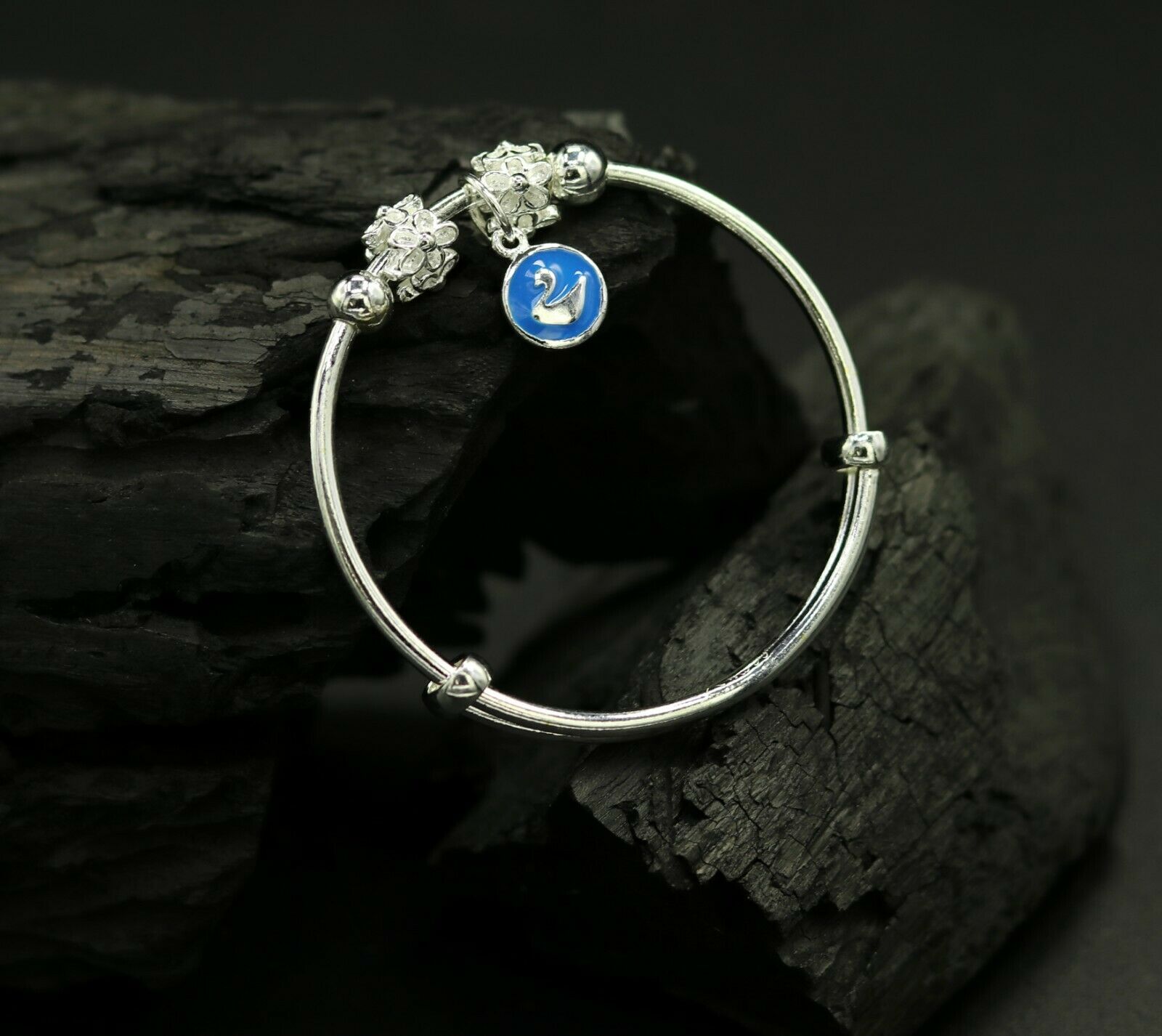 925 sterling silver adjustable charm bangle bracelet kada unisex kids baby bbk14 - TRIBAL ORNAMENTS