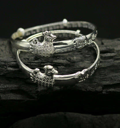 Unisex 925 sterling silver adjustable charm bangle bracelet with intricate tribal detailing, suitable for kids and babies.