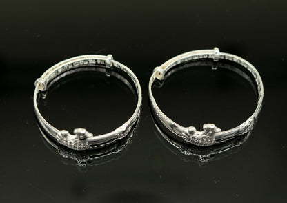 Unisex 925 sterling silver adjustable charm bangle bracelet with intricate tribal design, suitable for kids and babies.