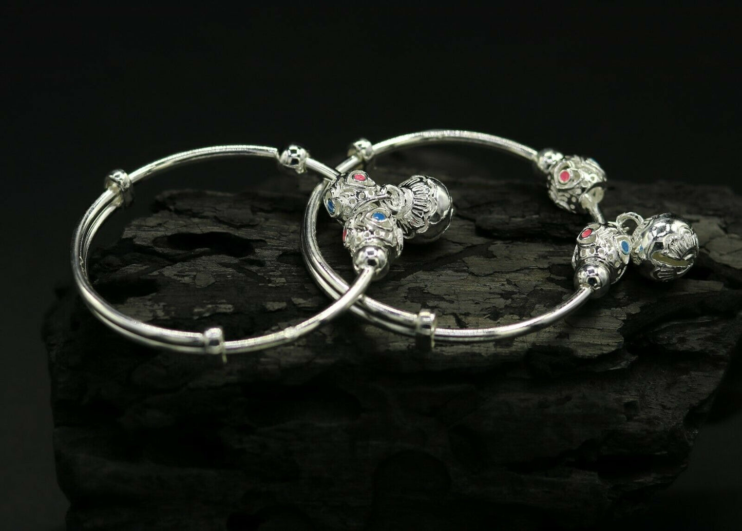 925 sterling silver adjustable charm bangle bracelet kada unisex kids baby bbk30 - TRIBAL ORNAMENTS