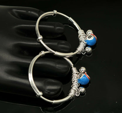 Unisex 925 sterling silver adjustable charm bangle bracelet with intricate tribal design, suitable for kids and babies.