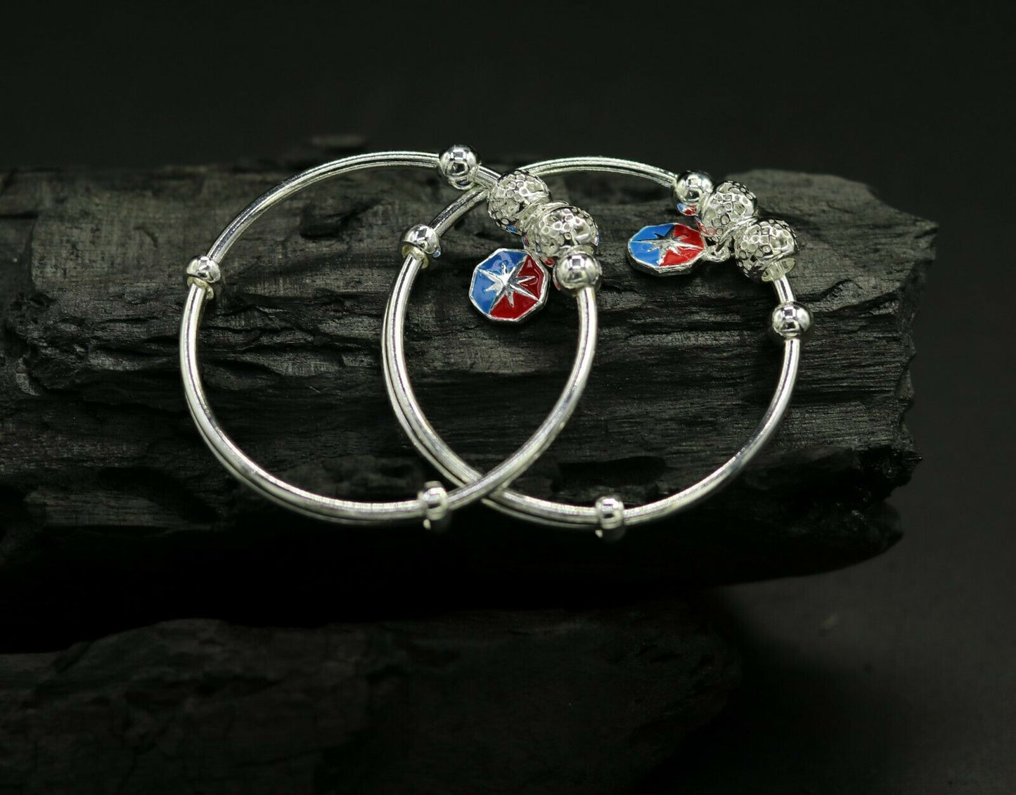 925 sterling silver adjustable charm bangle bracelet kada unisex kids baby bbk34 - TRIBAL ORNAMENTS