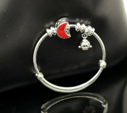 Unisex 925 sterling silver adjustable charm bangle bracelet with intricate tribal design for kids and babies.