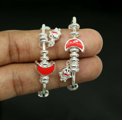 Unisex 925 sterling silver adjustable charm bangle bracelet with intricate tribal design, suitable for kids and babies.