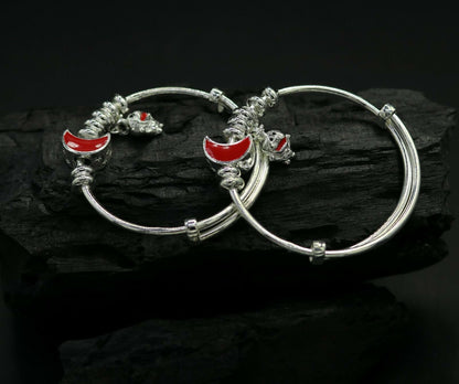 Unisex 925 sterling silver adjustable charm bangle bracelet with intricate tribal design, suitable for kids and babies.