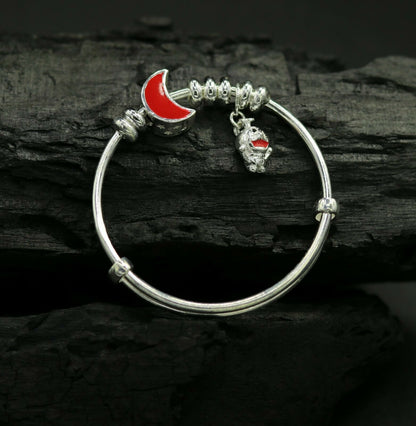 Unisex 925 sterling silver adjustable charm bangle bracelet with tribal design, suitable for kids and babies.