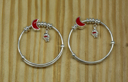 Unisex 925 sterling silver adjustable charm bangle bracelet with tribal-inspired design for kids and babies.