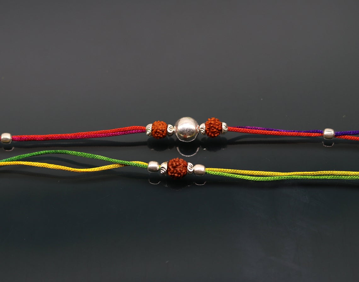 925 sterling silver custom design combo 2 piece Rakhi bracelet with rudraksha beads Best sibling rakhi for Festival Rakshabandhan rk134 - TRIBAL ORNAMENTS
