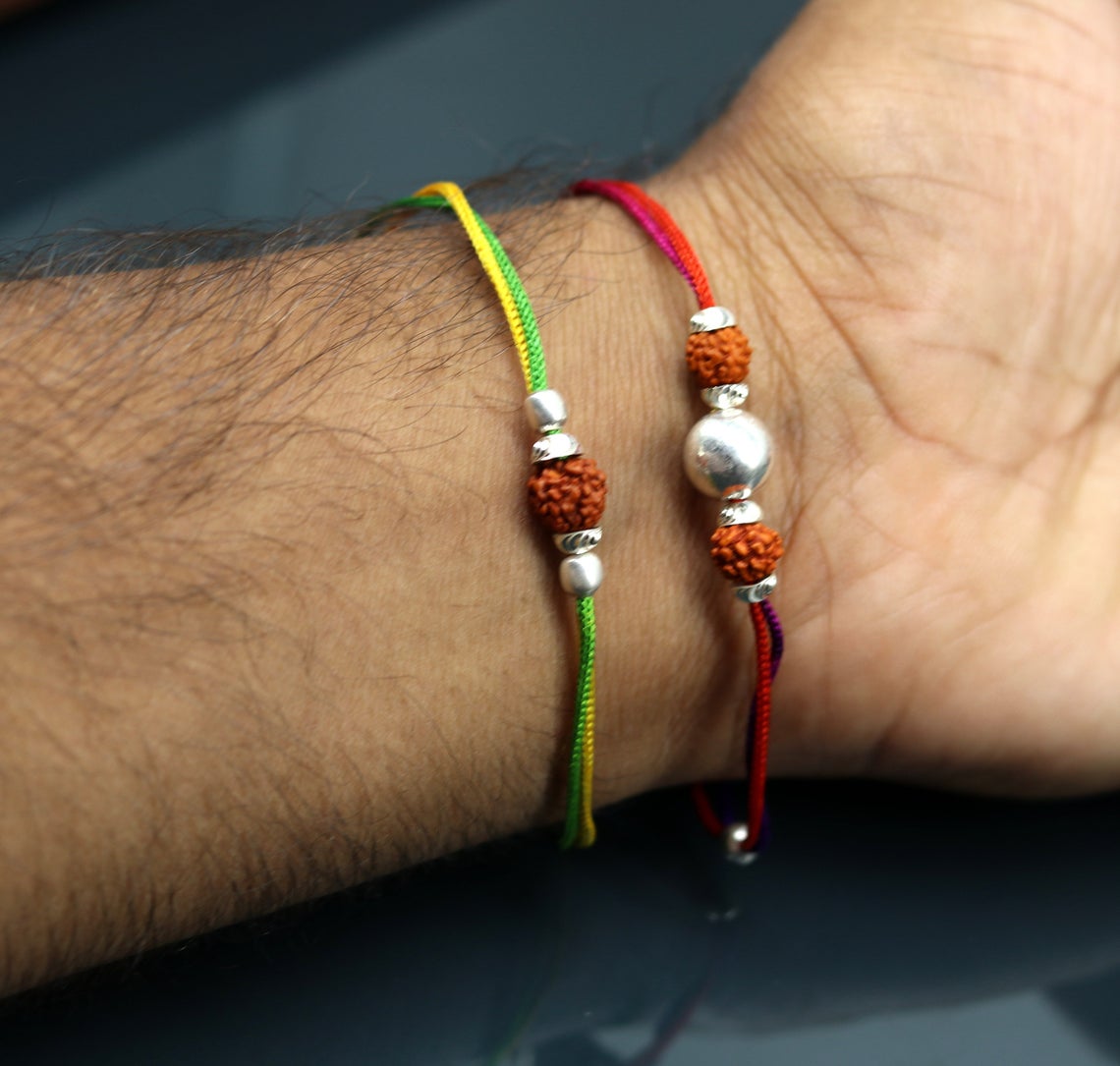 925 sterling silver custom design combo 2 piece Rakhi bracelet with rudraksha beads Best sibling rakhi for Festival Rakshabandhan rk134 - TRIBAL ORNAMENTS