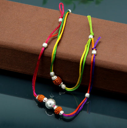 925 sterling silver custom design combo bracelet with Rudraksha beads, featuring thread craftsmanship by TRIBAL ORNAMENTS.