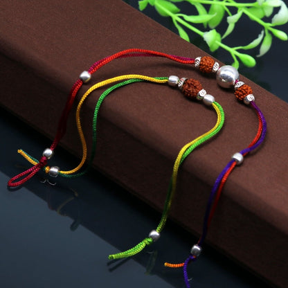 925 sterling silver custom design combo bracelet with Rudraksha beads, featuring thread craftsmanship by TRIBAL ORNAMENTS.